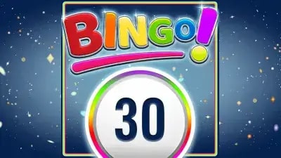 A colorful design featuring the word "Bingo!" in vibrant, multicolored letters. Below, a large bingo ball with the number 30 is displayed against a starry blue background.