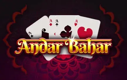 An illustration featuring three playing cards, including an ace of spades, an ace of clubs, and an ace of hearts, set against a dark, ornate background. The text "Andar Bahar" is prominently displayed in bold, golden letters.