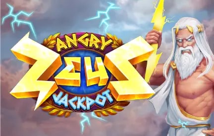 An illustration of Zeus, the Greek god, holding a lightning bolt. The background features stormy clouds and lightning. The text "Angry Zeus Jackpot" is prominently displayed in bold, stylized letters.