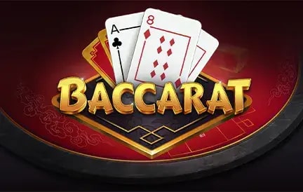 A graphic showing several playing cards, including an ace of clubs and an eight of diamonds, against a red and black background. The word "Baccarat" is written in large, golden letters at the center.