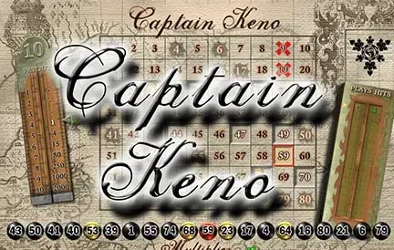 A vintage-style keno game card with numbers and a nautical theme. The text "Captain Keno" is displayed in bold, cursive letters, with a background resembling an old map.