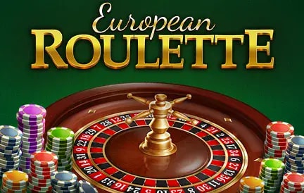 A roulette wheel surrounded by colorful poker chips. The text "European Roulette" is written in bold, gold letters, set against a rich green background.