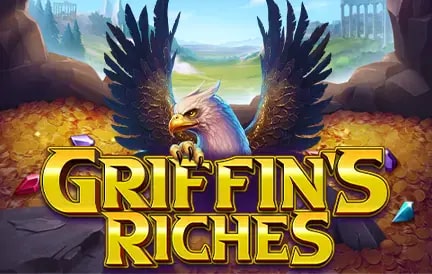 A majestic griffin, a mythical creature with the body of a lion and the head and wings of an eagle, sits atop a pile of gold and jewels. The scene is set in a cave with a view of ancient ruins. The text "Griffin's Riches" is displayed in bold, golden letters