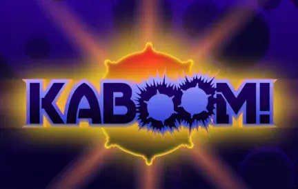 A dynamic design with the word "KABOOM!" in bold, blue letters. The background features an explosive burst of orange and yellow, creating a dramatic effect.