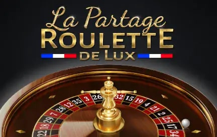 A close-up of a roulette wheel with gold and red details. Above it, the text "La Partage Roulette De Lux" is displayed in elegant, gold lettering, with small French flags on either side.