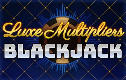 A graphic featuring the text "Luxe Multipliers Blackjack" in elegant, gold and silver lettering. The background has a dark blue diamond pattern with a poker chip design in the center.