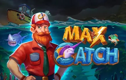 A cartoon fisherman with a red beard and cap stands in front of an ocean scene. Sharks and fish swim in the water, and a fishing boat is visible in the background. The text "Max Catch" is written in large, colorful letters with a fish motif.