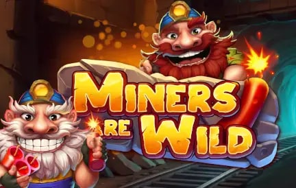 Two cartoon miners with red beards and helmets hold dynamite sticks. They stand in a mine tunnel with tracks and a cart. The text "Miners Are Wild" is written in large, playful letters.