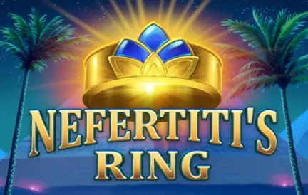 An illustration of a golden ring with a blue and gold lotus design, set against a backdrop of palm trees and pyramids at sunset. The text "Nefertiti's Ring" is displayed in large, ornate letters.