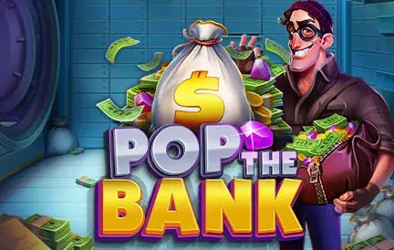 A cartoon-style image of a thief with sunglasses holding a bag of money. The background features a bank vault with scattered cash and jewels. The text "Pop the Bank" is prominently displayed in bold, colorful letters